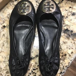 Tory Burch Black Flats with Gold Emblem